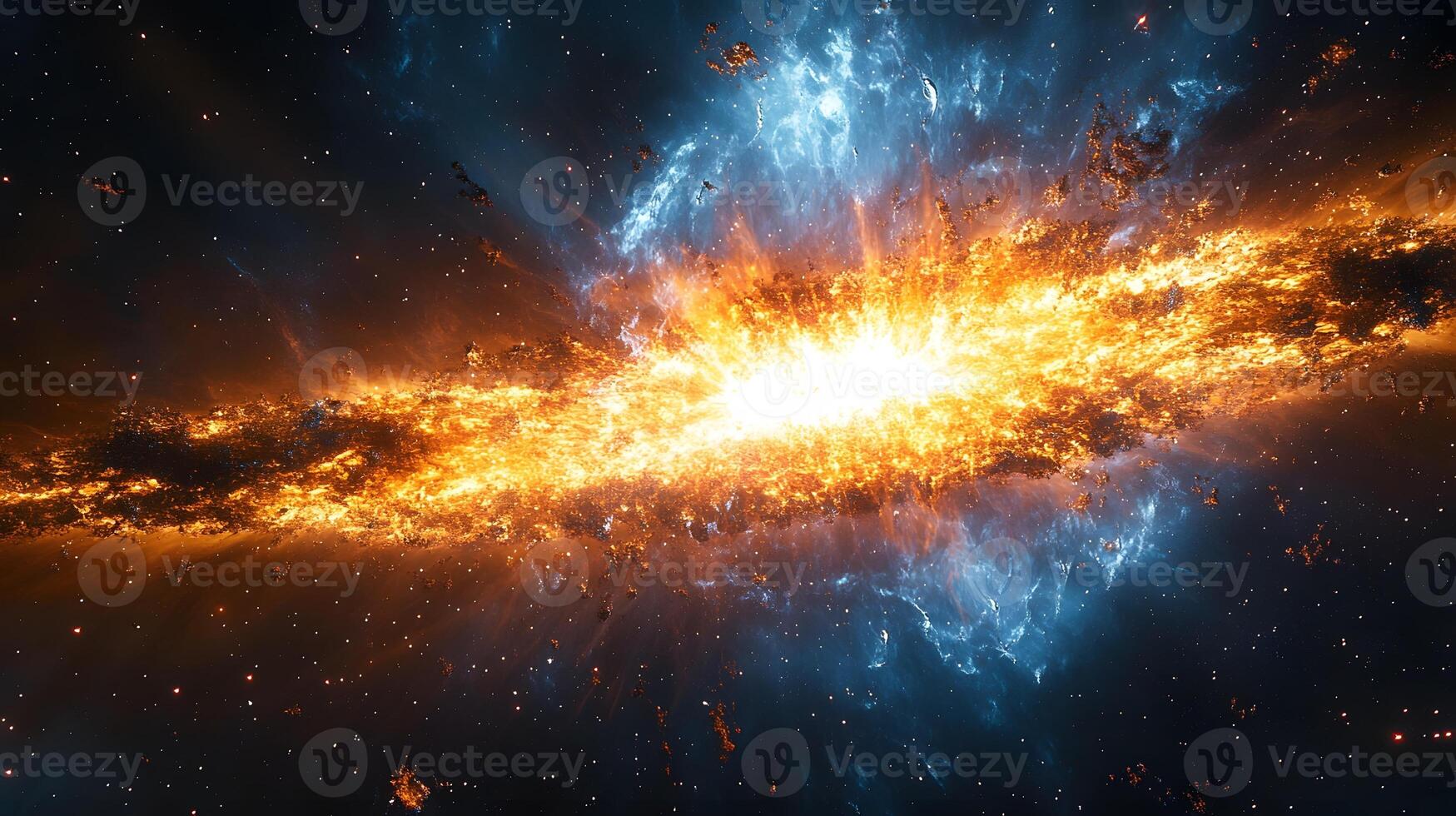 Spectacular supernova explosion illuminates deep space with blue and orange nebula colors, showcasing stellar collision amid star clusters and interstellar dust in cosmic energy burst. nebula photo
