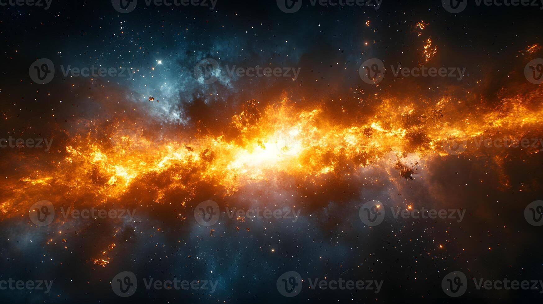 Spectacular supernova explosion illuminates deep space with blue and orange nebula colors, showcasing stellar collision amid star clusters and interstellar dust in cosmic energy burst. space photo