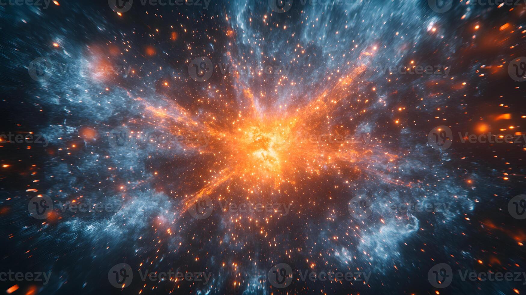 Spectacular supernova explosion illuminates deep space with blue and orange nebula colors, showcasing stellar collision amid star clusters and interstellar dust in cosmic energy burst. galactic photo