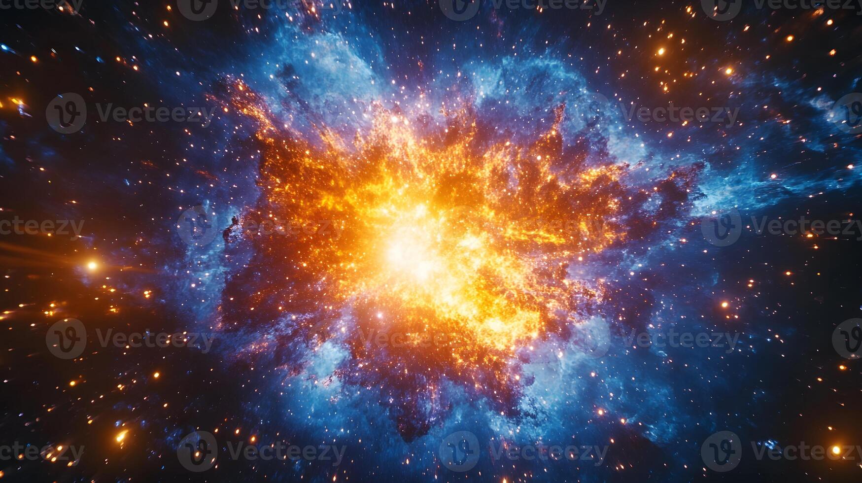 Spectacular supernova explosion illuminates deep space with blue and orange nebula colors, showcasing stellar collision amid star clusters and interstellar dust in cosmic energy burst. stellar photo