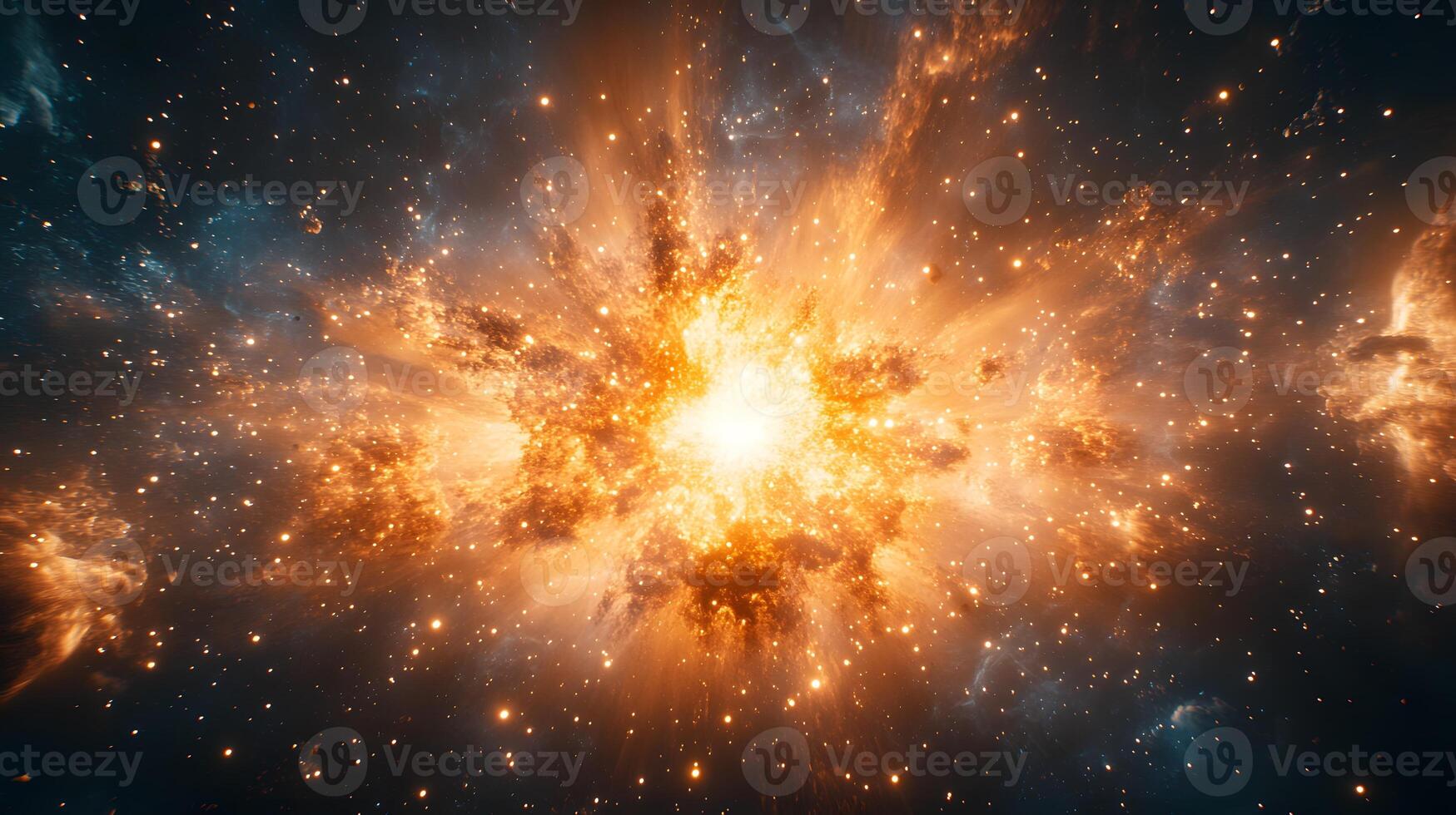 Spectacular supernova explosion illuminates deep space with blue and orange nebula colors, showcasing stellar collision amid star clusters and interstellar dust in cosmic energy burst. celestial photo