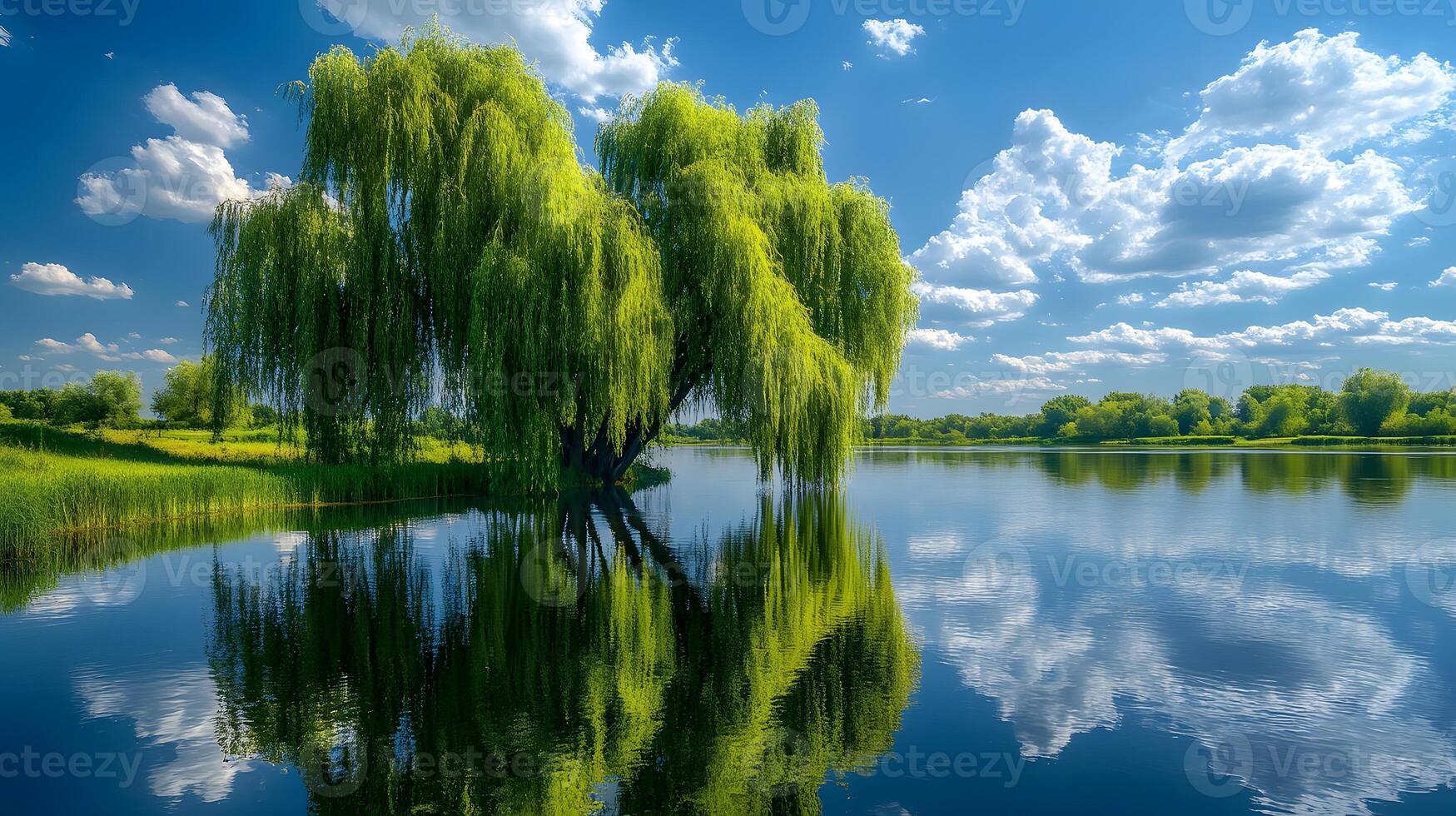 Weeping willow trees drape gracefully over tranquil riverbank, their flowing branches reflected perfectly in water beneath blue sky with white clouds on summer day. botanical photo