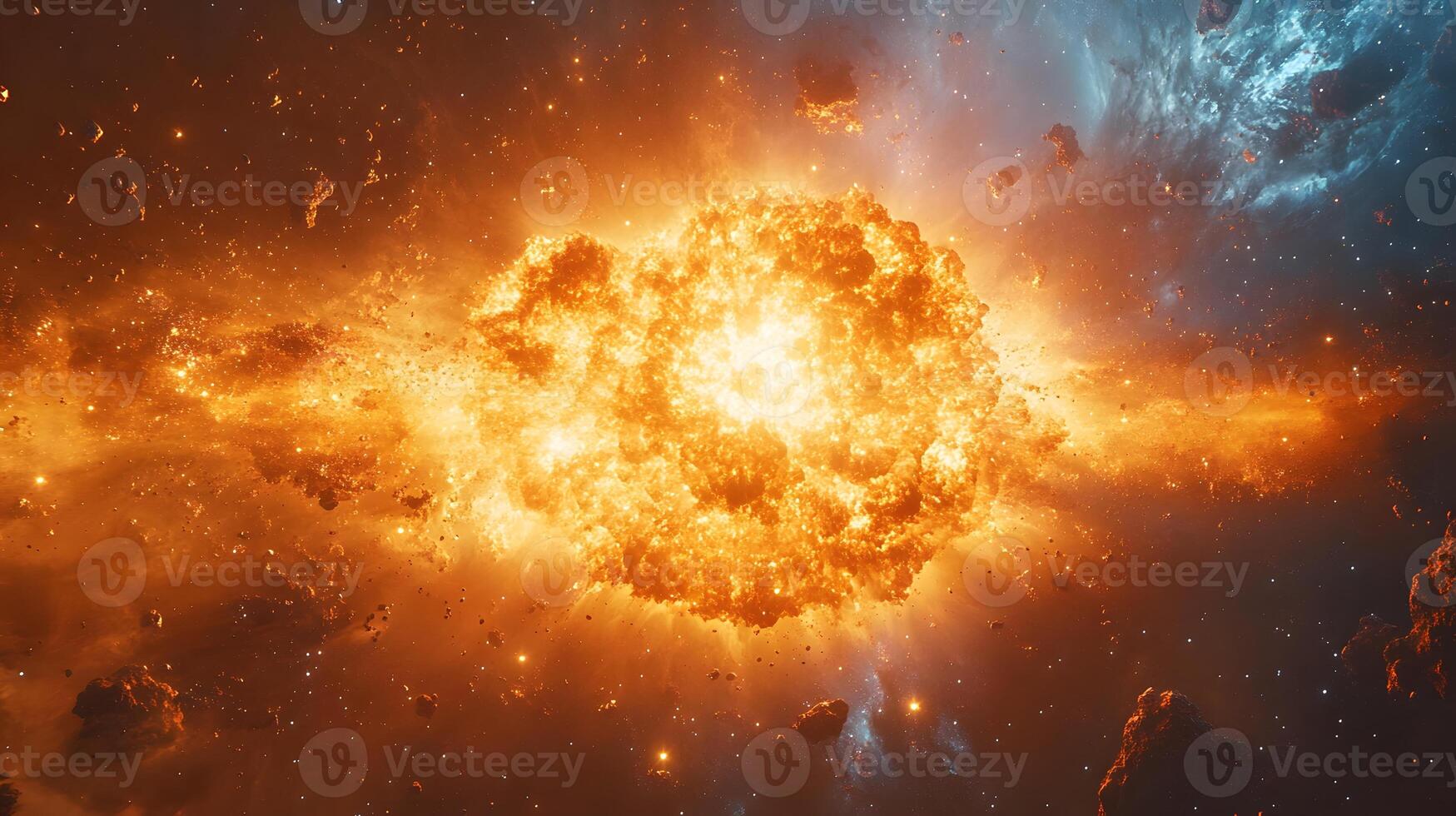 Spectacular supernova explosion illuminates deep space with blue and orange nebula colors, showcasing stellar collision amid star clusters and interstellar dust in cosmic energy burst. clusters photo