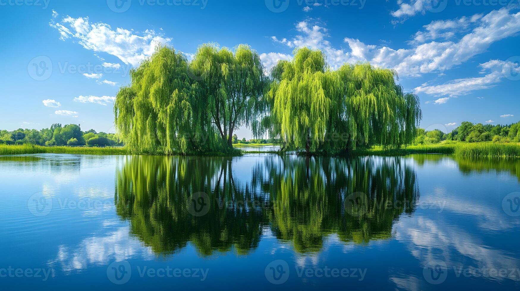 Weeping willow trees drape gracefully over tranquil riverbank, their flowing branches reflected perfectly in water beneath blue sky with white clouds on summer day. breeze photo
