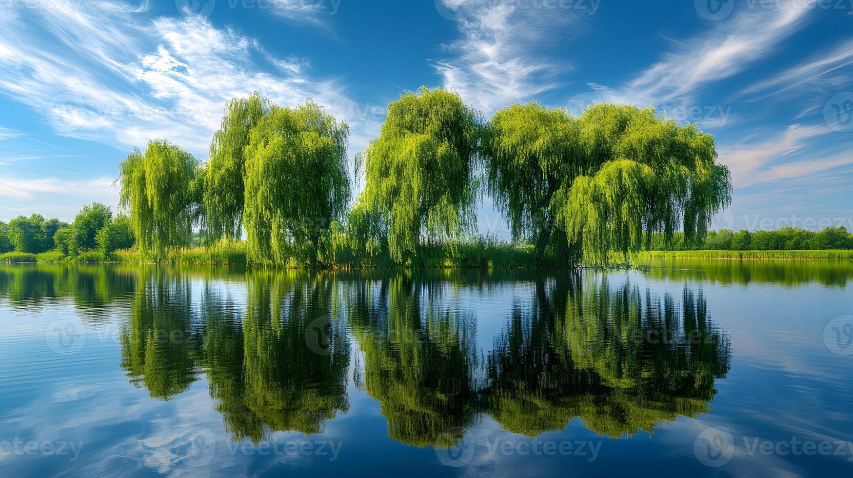 Weeping willow trees drape gracefully over tranquil riverbank, their flowing branches reflected perfectly in water beneath blue sky with white clouds on summer day. drooping photo