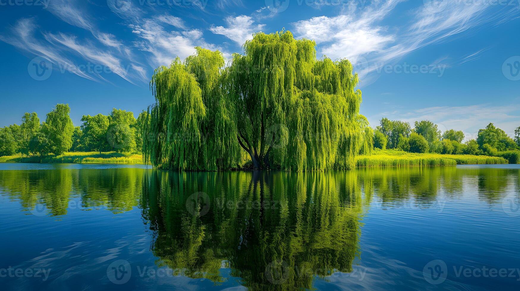 Weeping willow trees drape gracefully over tranquil riverbank, their flowing branches reflected perfectly in water beneath blue sky with white clouds on summer day. environment photo