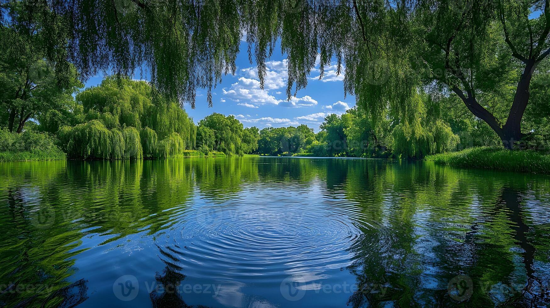 Weeping willow trees drape gracefully over tranquil riverbank, their flowing branches reflected perfectly in water beneath blue sky with white clouds on summer day. willow photo