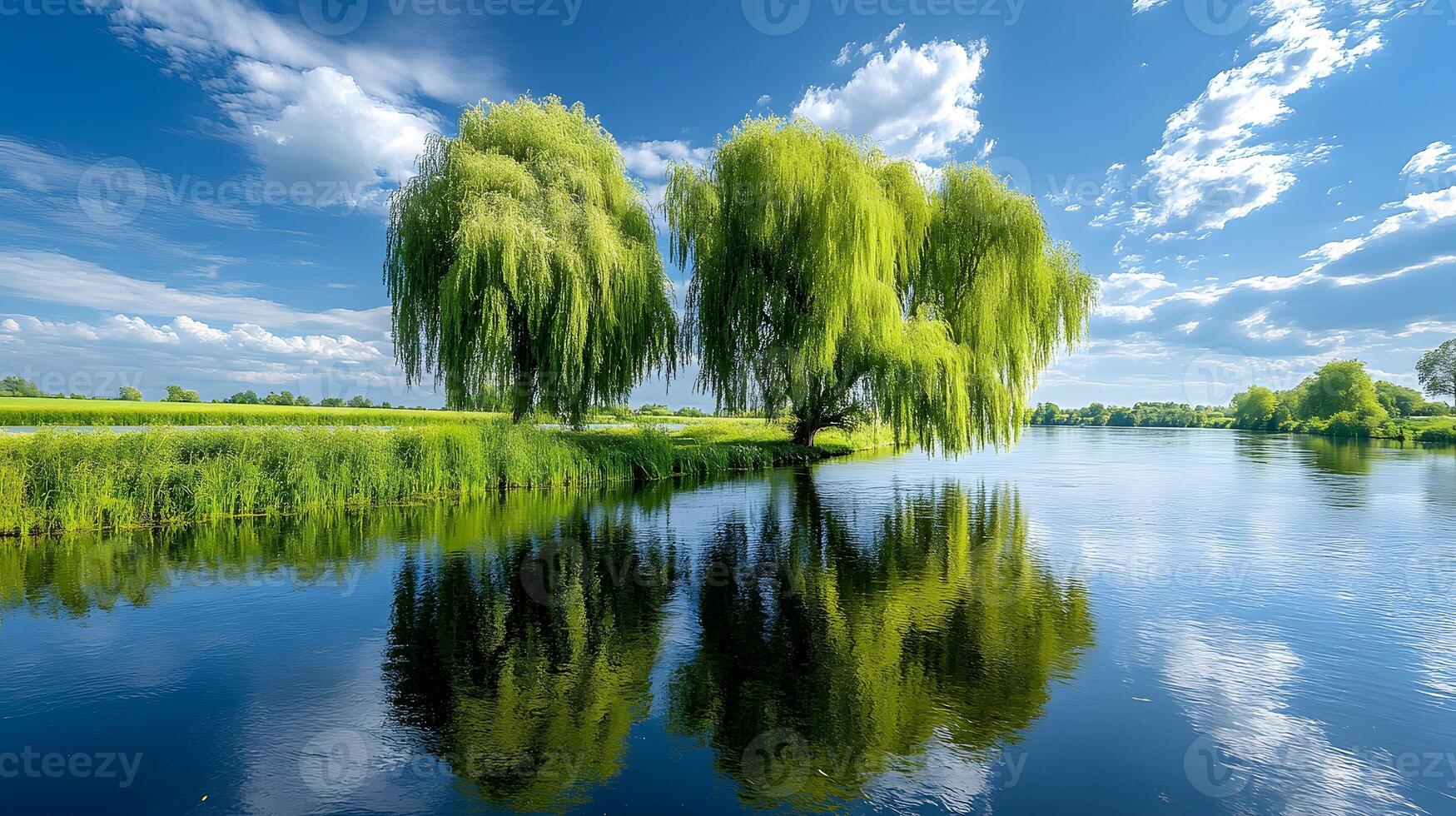 Weeping willow trees drape gracefully over tranquil riverbank, their flowing branches reflected perfectly in water beneath blue sky with white clouds on summer day. trees photo
