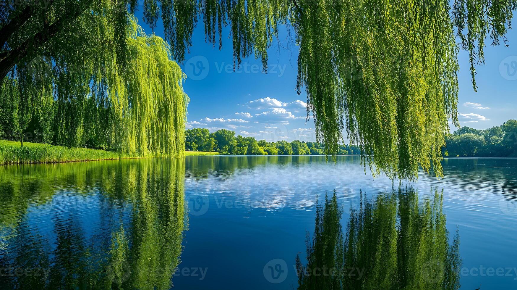 Weeping willow trees drape gracefully over tranquil riverbank, their flowing branches reflected perfectly in water beneath blue sky with white clouds on summer day. reflection photo