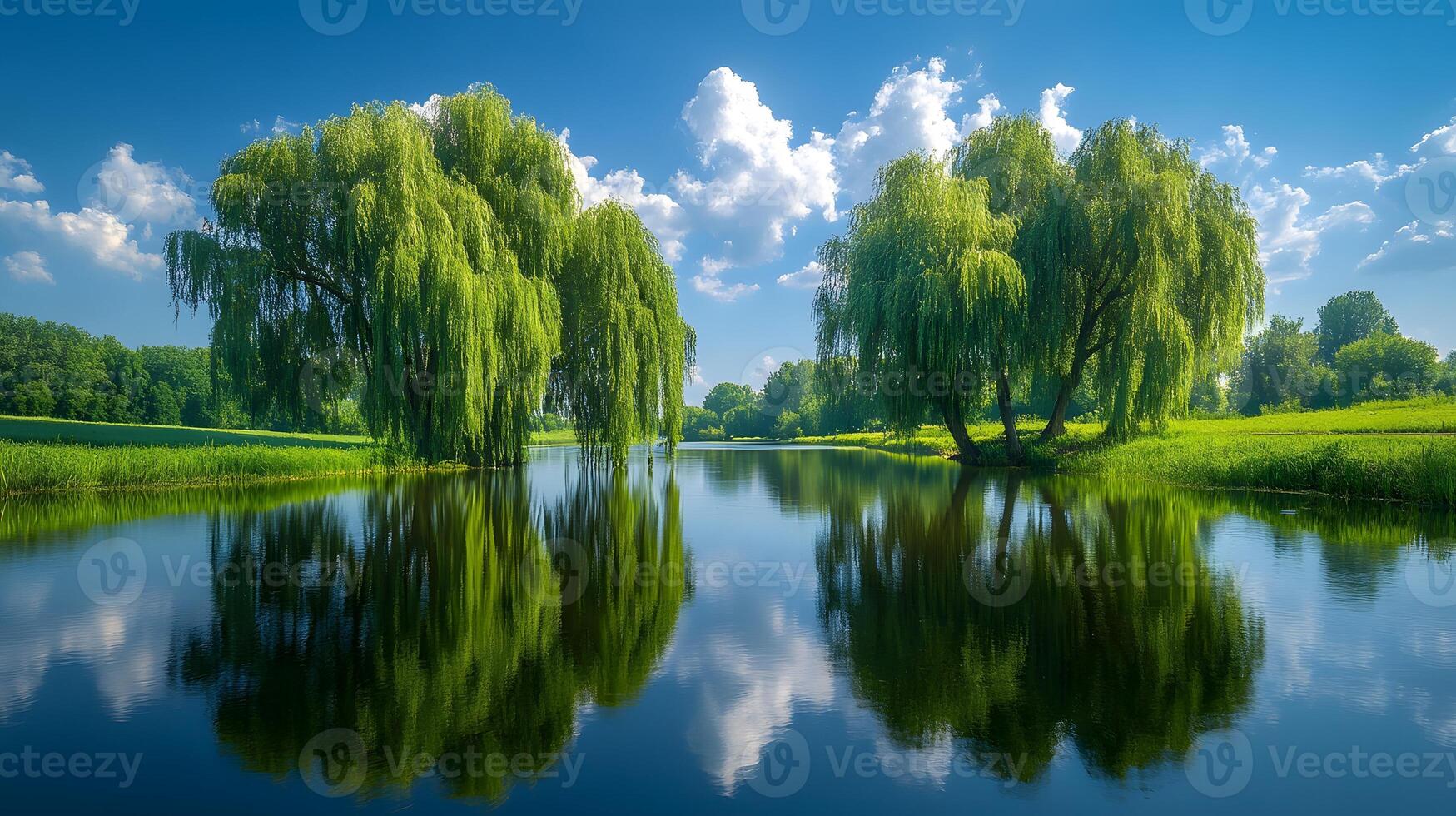 Weeping willow trees drape gracefully over tranquil riverbank, their flowing branches reflected perfectly in water beneath blue sky with white clouds on summer day. river photo