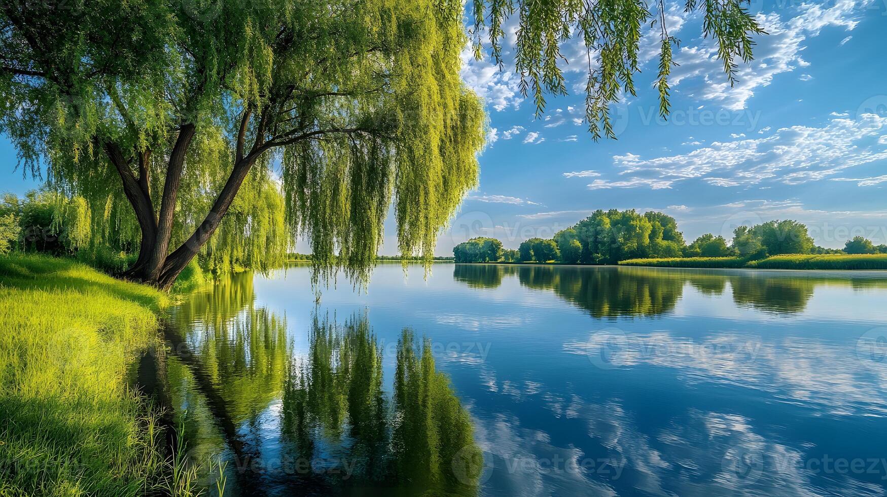 Weeping willow trees drape gracefully over tranquil riverbank, their flowing branches reflected perfectly in water beneath blue sky with white clouds on summer day. foliage photo
