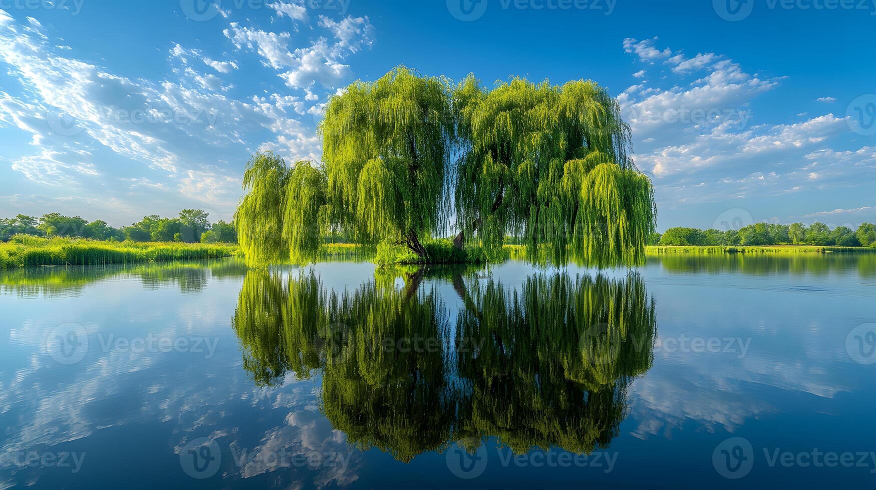 Weeping willow trees drape gracefully over tranquil riverbank, their flowing branches reflected perfectly in water beneath blue sky with white clouds on summer day. sky photo