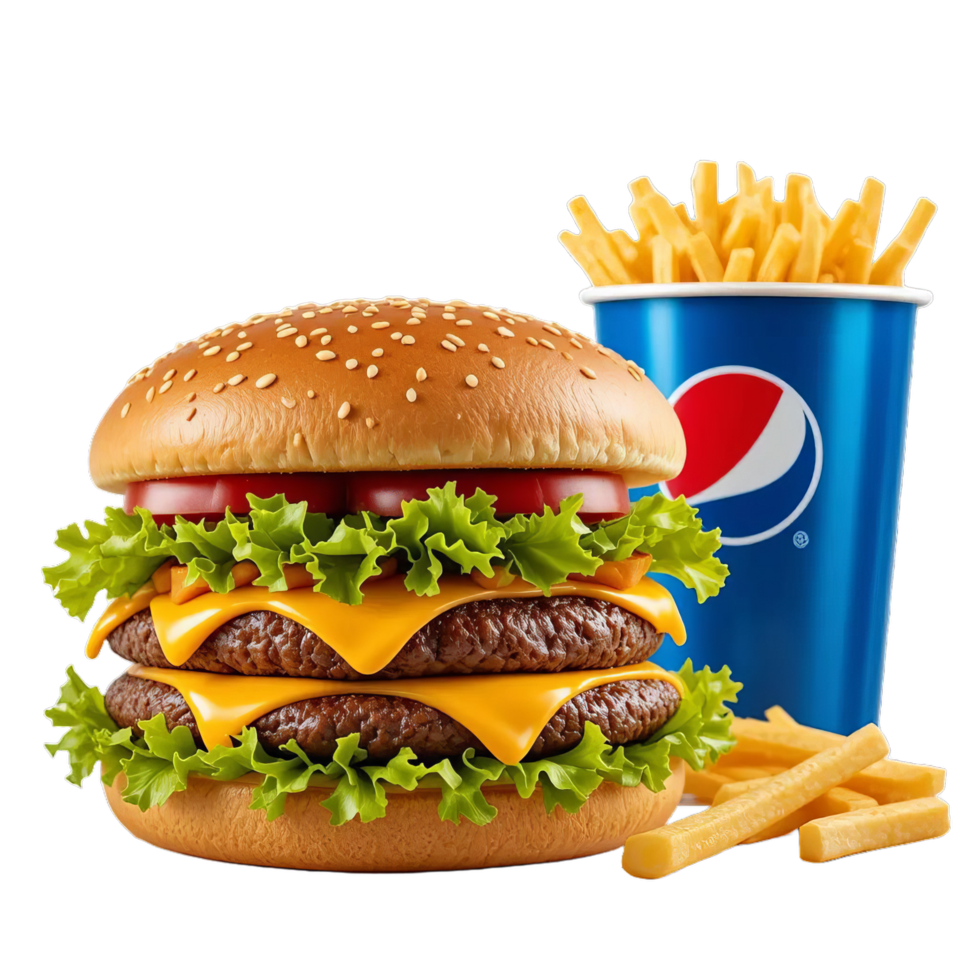 A hamburger and french fries with a pepsi png