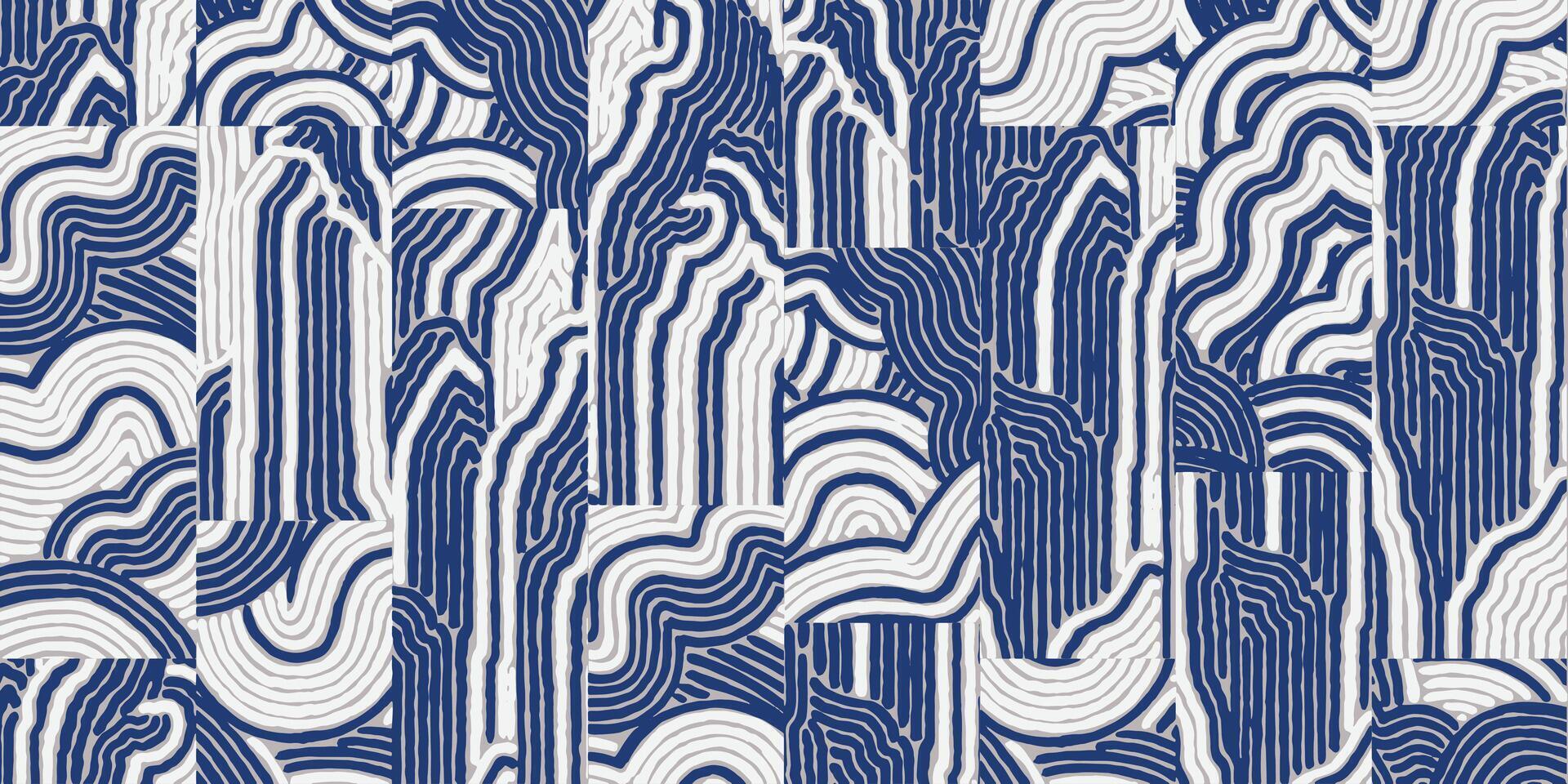 Hand drawn brush line abstract cloud and mountains patchwork pattern, Japanese, Ethnic folk wood carving, engraving, basketry surface texture background, oriental graphic blocks for textile, carpet vector