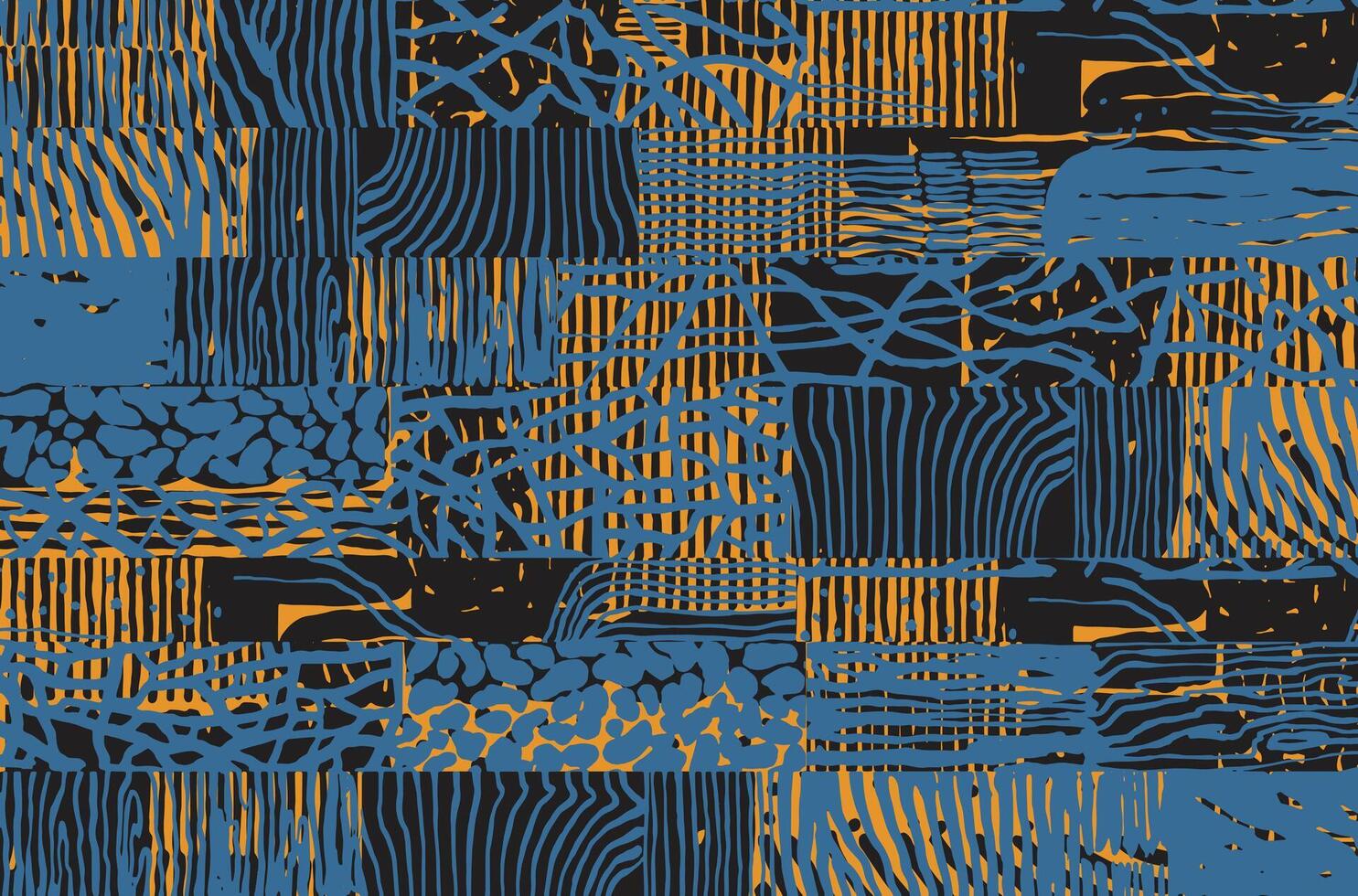 Hand drawn brush line abstract patchwork pattern, Japanese and ethnic folk inspired wood carving, engraving, basketry surface texture background, experimental graphic blocks for textile, carpet, vector