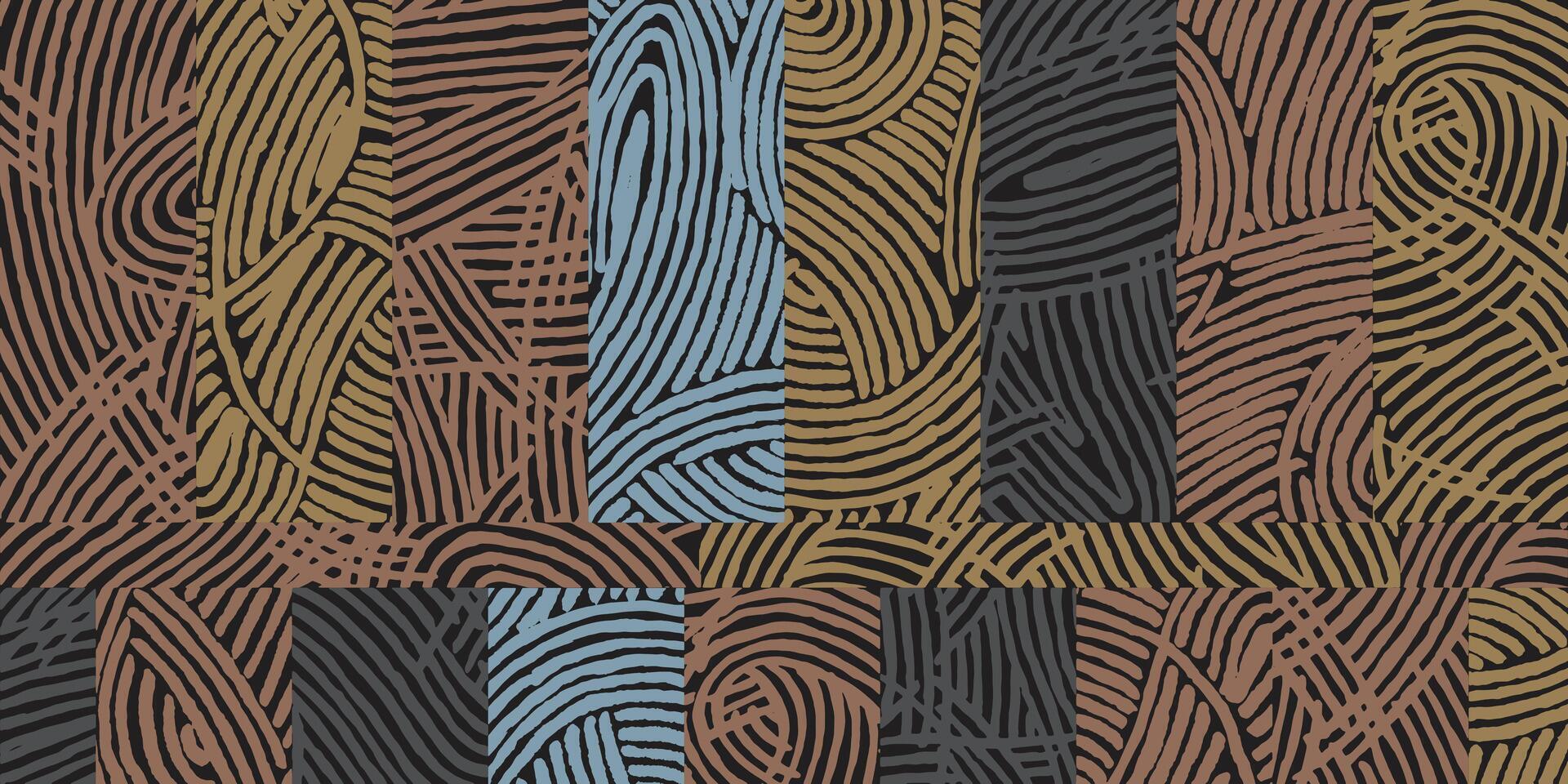 Hand drawn brush line abstract patchwork pattern, Japanese, Ethnic folk wood carving, engraving, basketry surface texture background, graphic blocks for textile, fabric, carpet vector