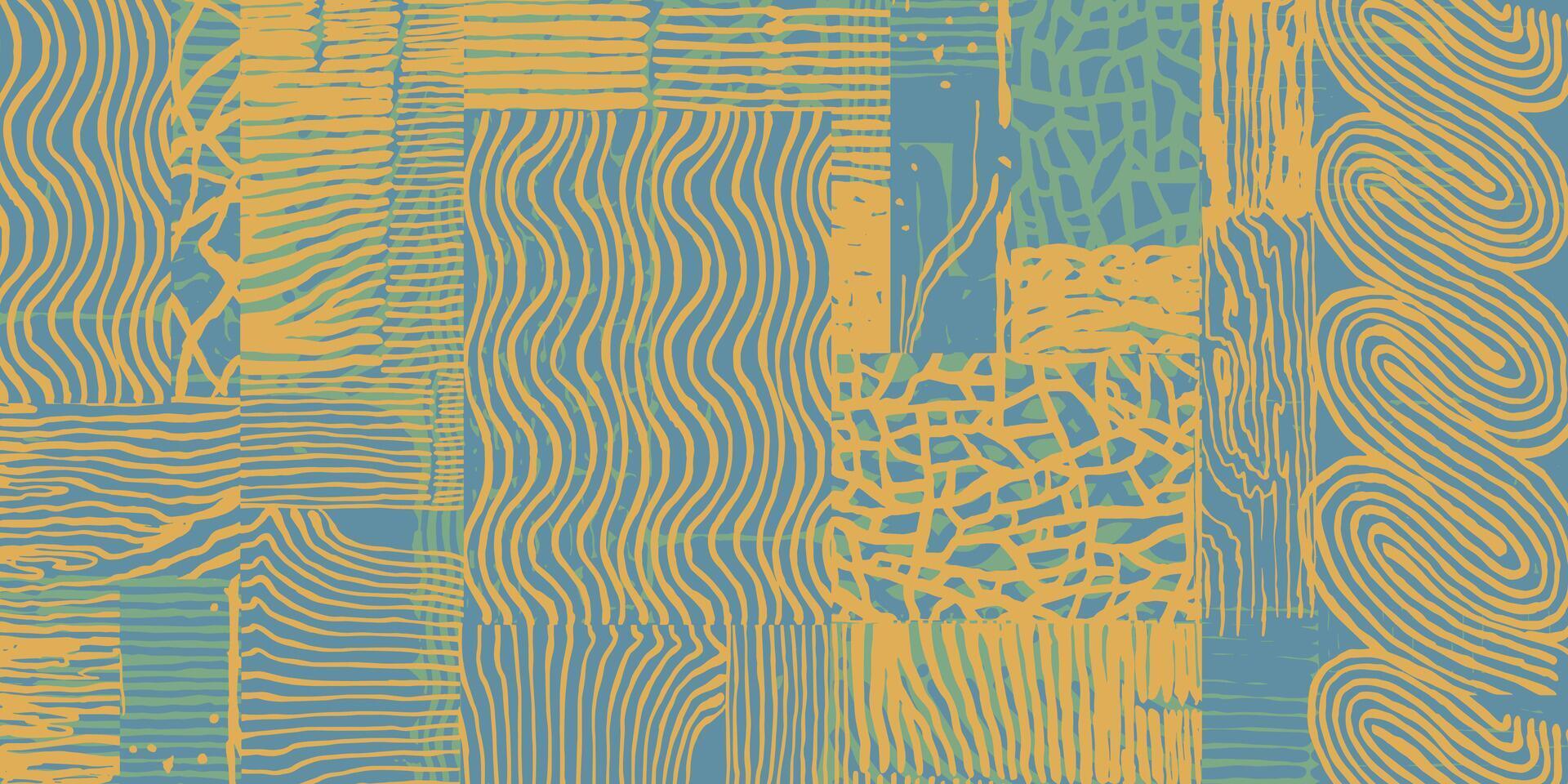 Hand drawn brush line abstract patchwork pattern, Japanese and ethnic folk inspired wood carving, engraving, basketry surface texture background, pastel graphic blocks for textile, carpet, vector