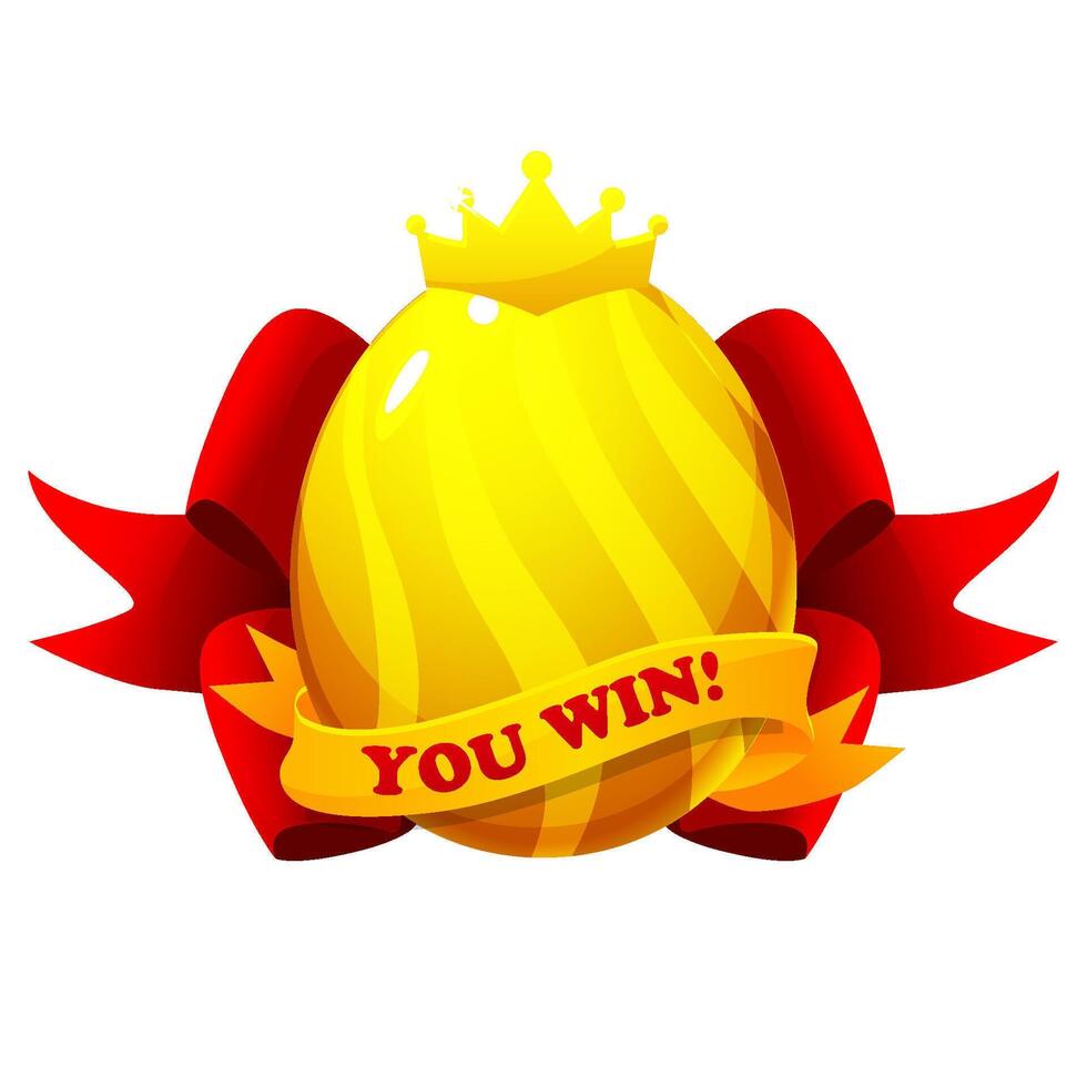 Easter Egg award, Golden egg with ribbons and text YOU WIN. Game badge symbol vector