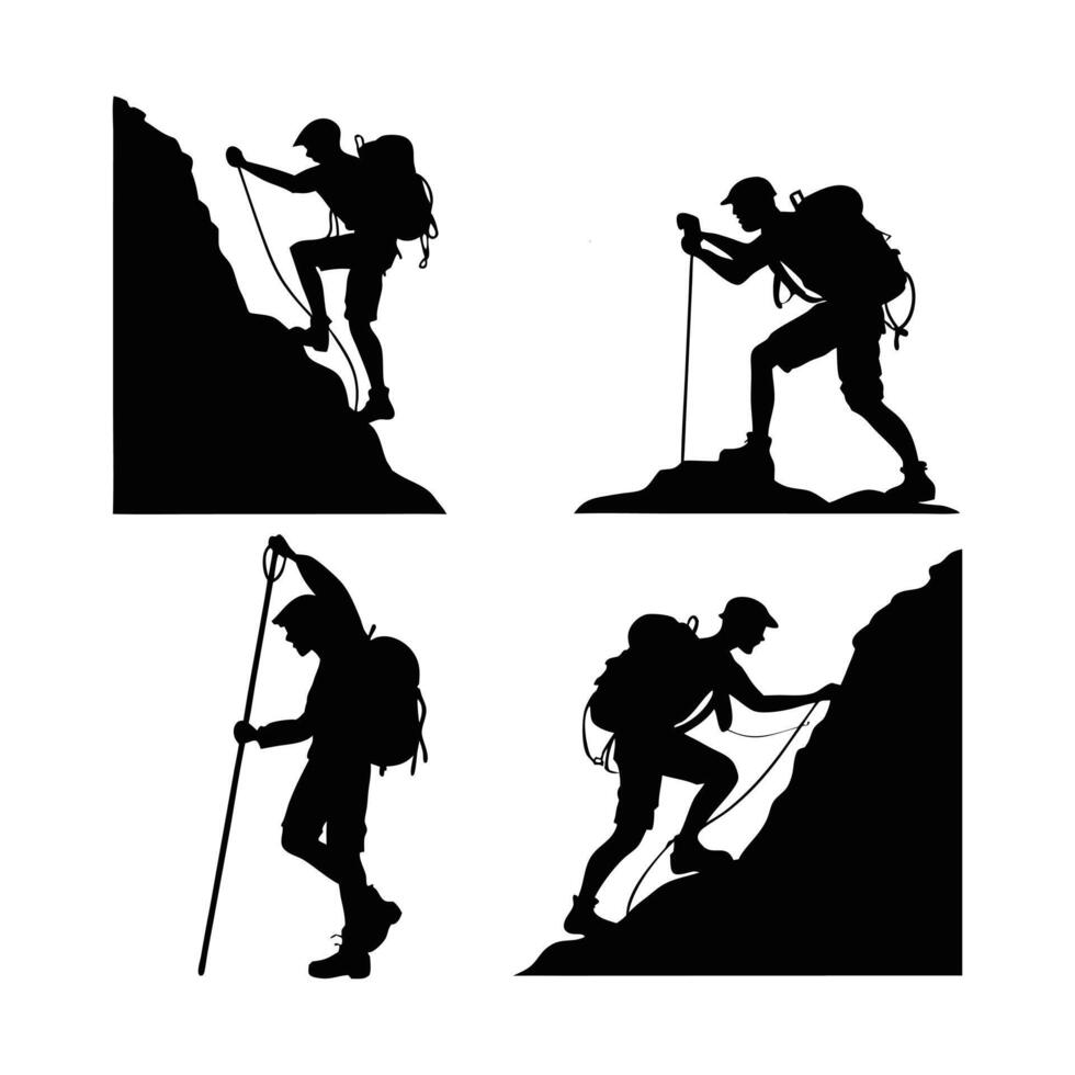 Black Silhouette of Men Climbing Rock Mountains vector