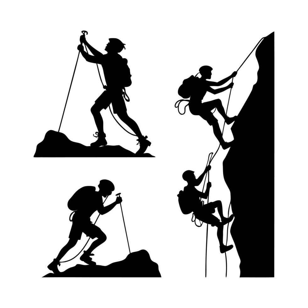 Black Silhouettes of Men Climbing a Rock Mountain Scene vector