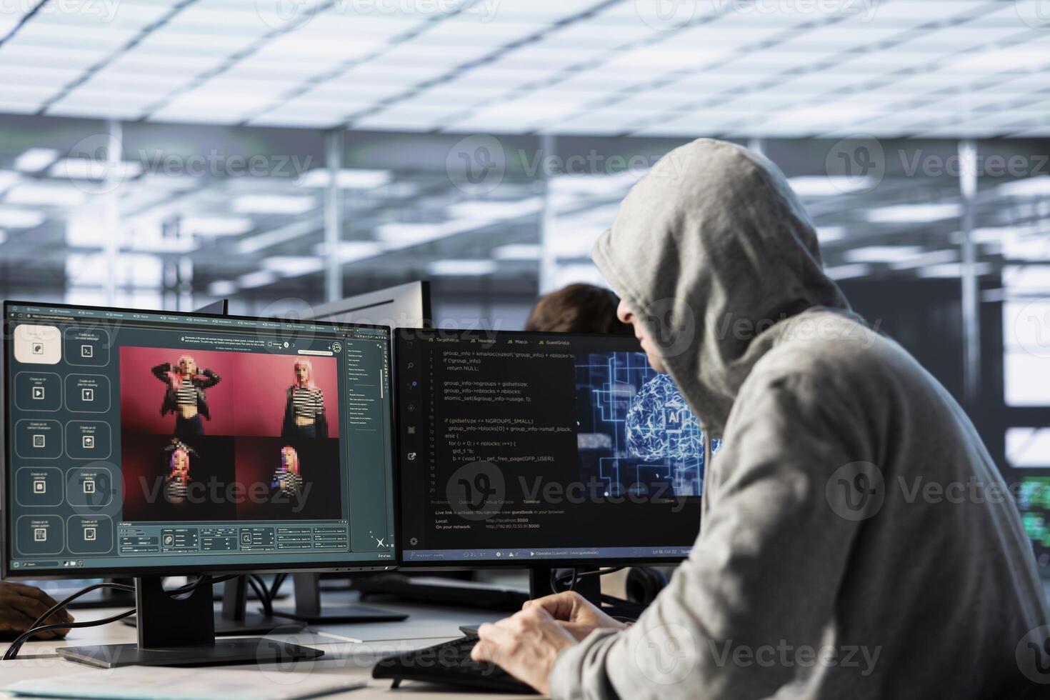 Engineer in data center making generative artificial intelligence website generating videos using diffusion model algorithms. Hooded man coding AI virtual assistant producing clips photo