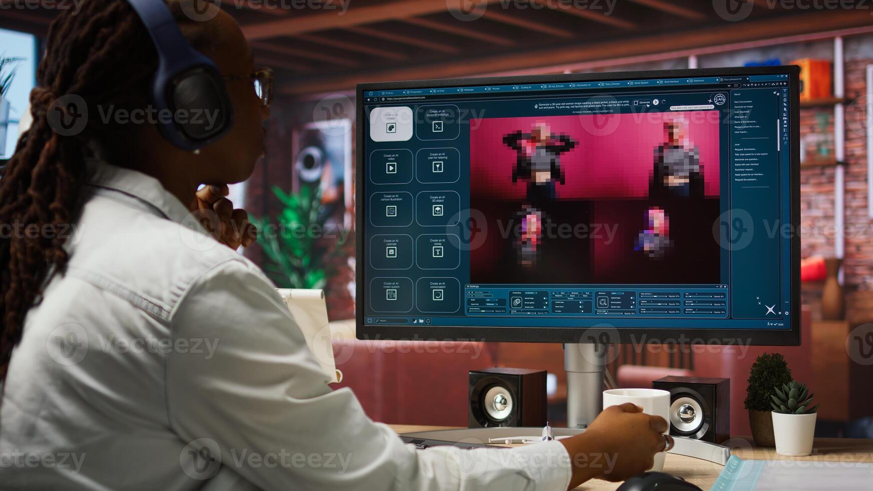 Graphic designer designing UX for AI software turning text prompt into photos. IT specialist drinking coffee using machine learning tech to build text to image models, camera A photo