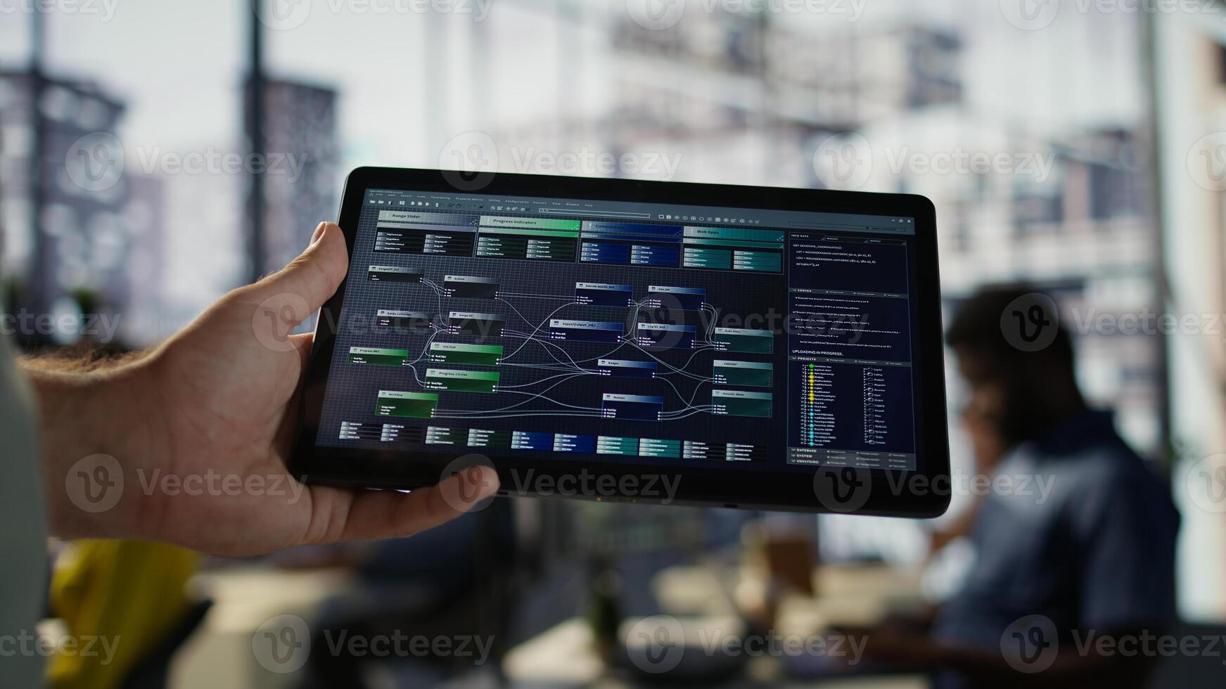 Software engineer using tablet to design algorithms that enable machines to learn from data. Close up of admin in office training and deploying large scale deep learning models with device, camera B photo