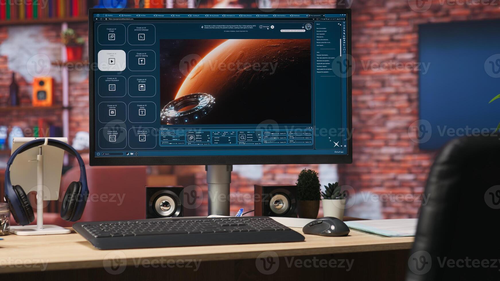 Computer screen in room with generative artificial intelligence website generating videos using diffusion models. Monitor showing AI virtual assistant producing clips, handheld camera shot photo
