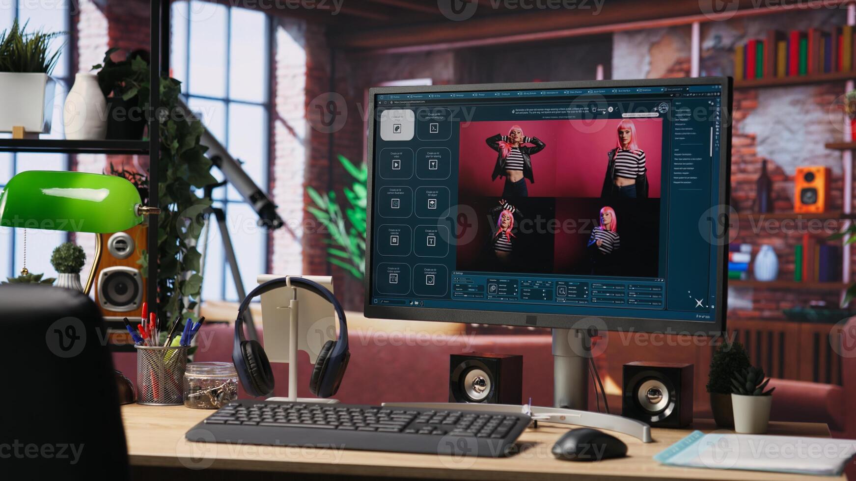 Computer on desk with UI of artificial intelligence GPT application turning text prompt into photos. PC with website using neural network tech to build text to image models photo