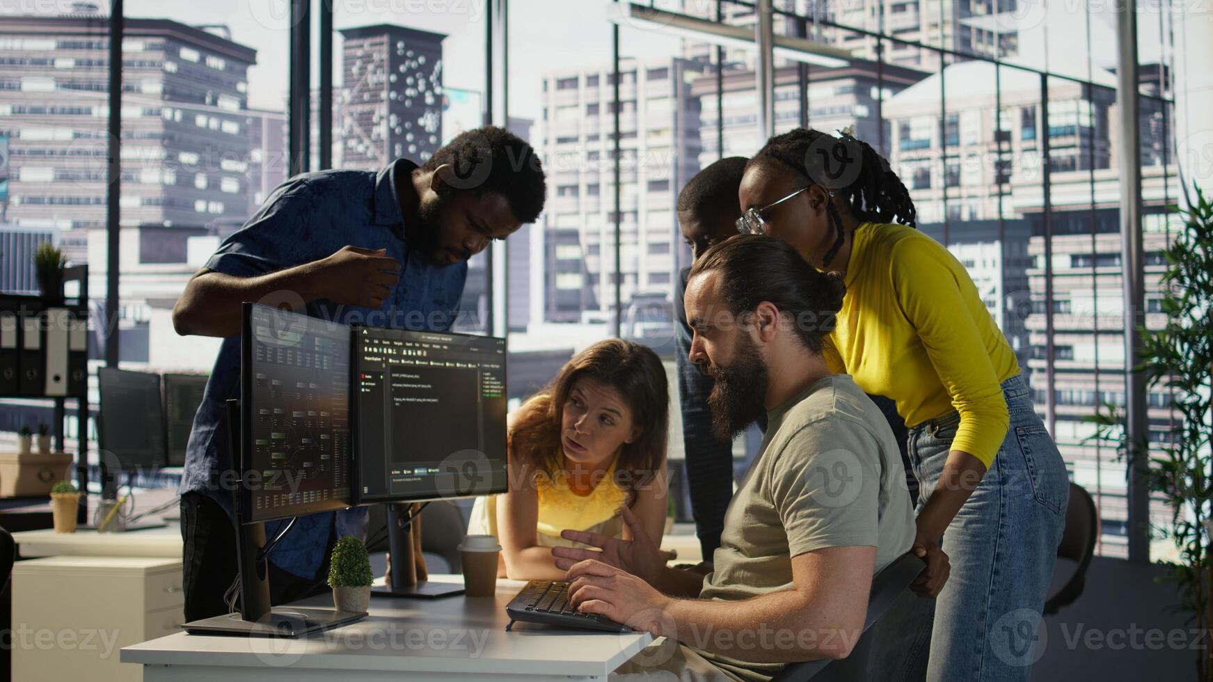 Programmers gathered together to conduct code review to fix errors, identifying technical issues with company software. Team of developers doing brainstorming, optimizing code, camera B photo