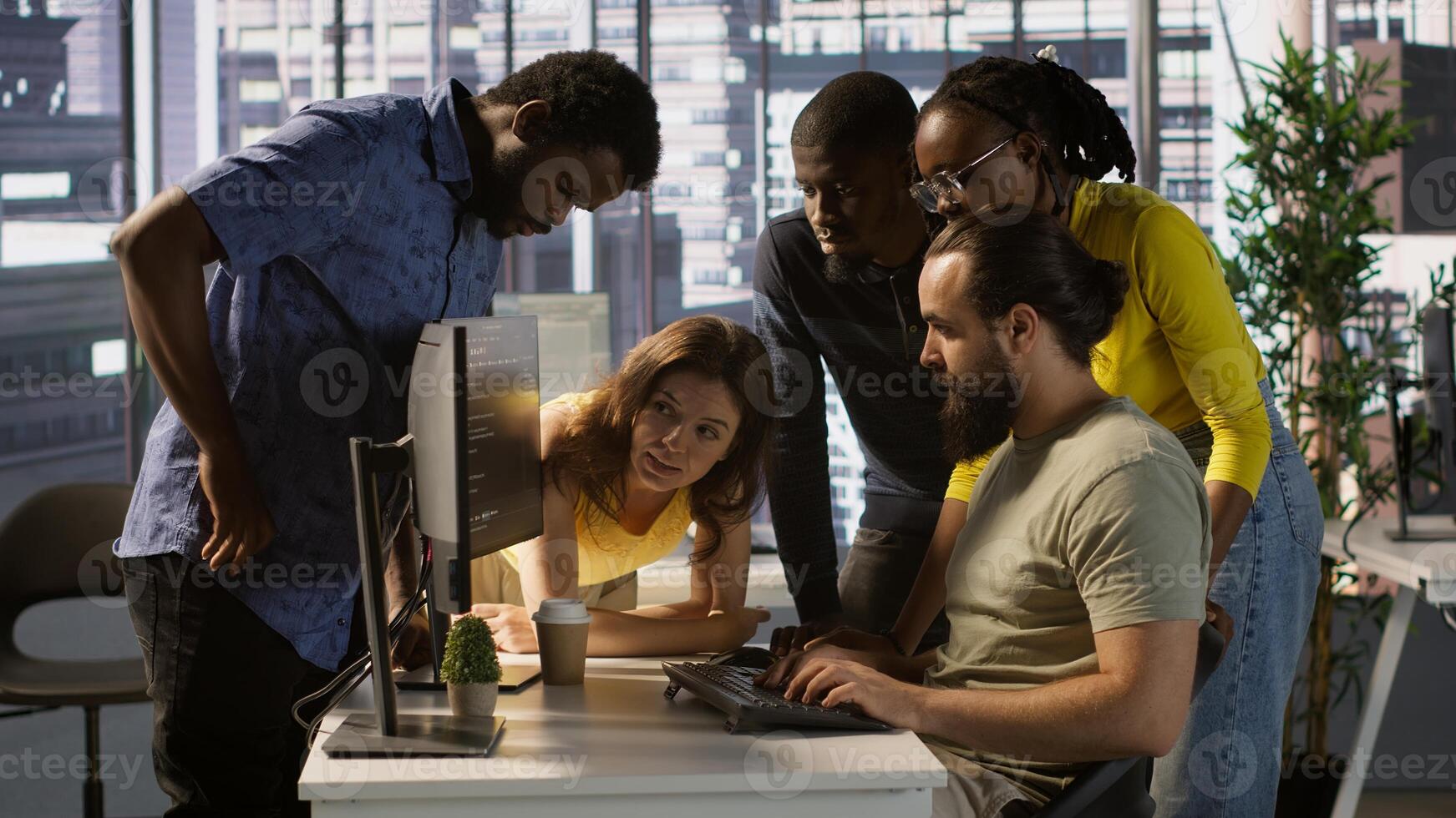 Programmers gathered together to conduct code review to fix errors, identifying technical issues with company software. Team of developers doing brainstorming, optimizing code, camera A photo