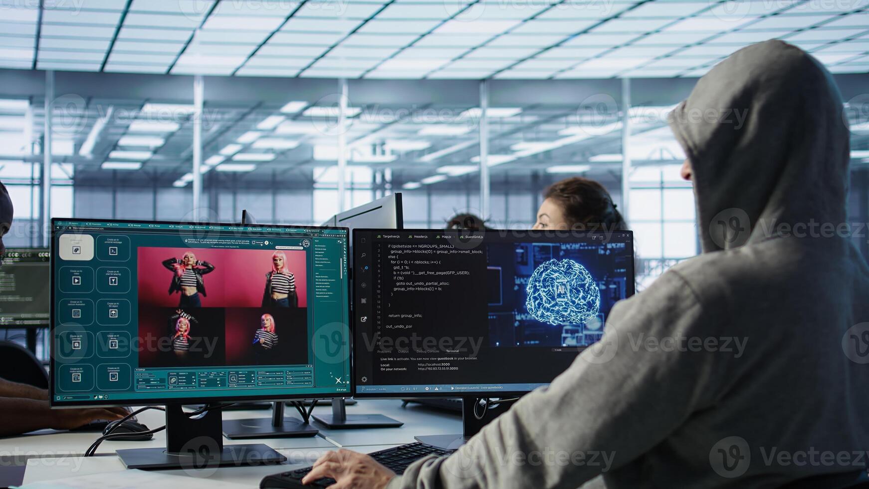 Admin in server hub coding AI program turning text prompt into photos. IT expert in data center using computer to build text to image artificial intelligence generative models, camera B photo