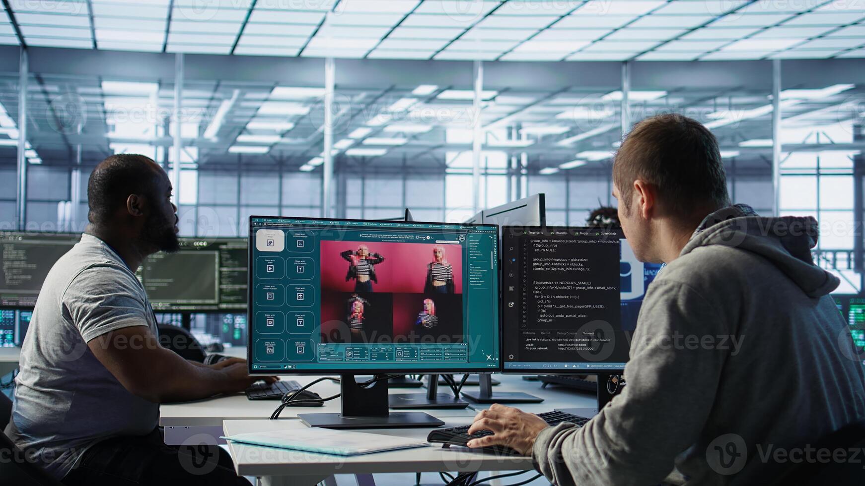 Engineer in server hub making AI software turning text prompt into photos. Technician in data center building text to image artificial intelligence generator transforming words into pictures, camera B photo