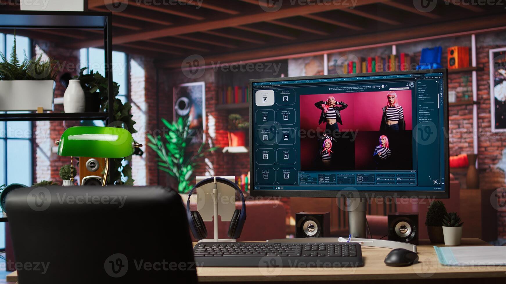 Computer in home office uses artificial intelligence generating images from basic text prompts. AI GPT generating photographs using computer vision and natural language processing, jib up shot photo