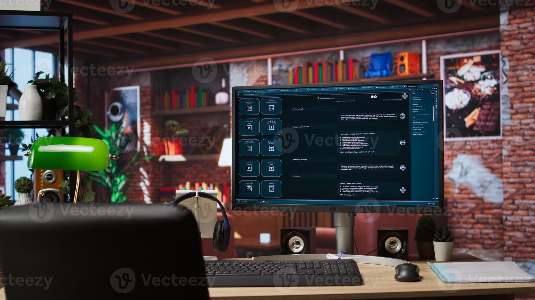 AI LLM chatbot software interface on PC in home office showing virtual assistant answering user prompts. Large language model program on monitor using artificial intelligence, jib up shot photo