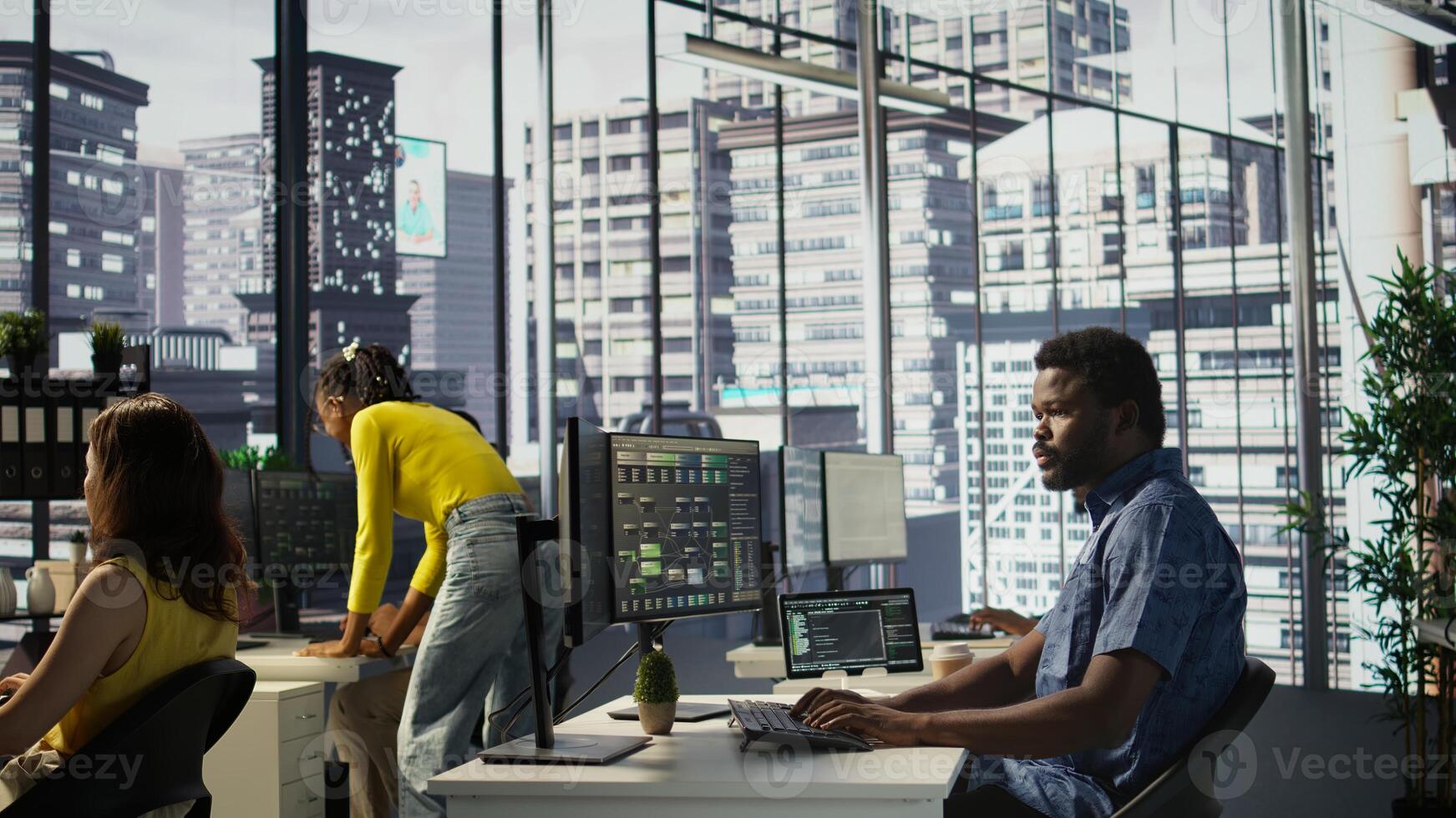 Computer scientist resuming work after strolling in workspace, doing software debugging using PC. Man walking with tablet in office, fixing coding issues using computer, camera B photo