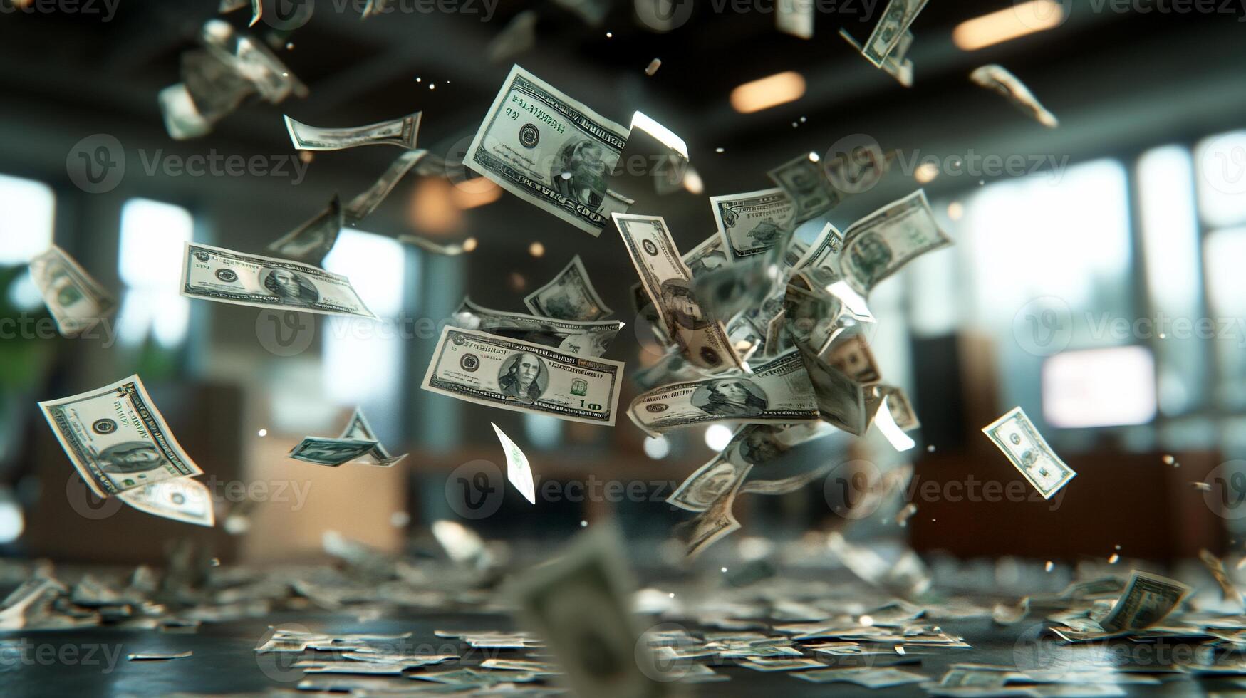 A whirlwind of flying dollar bills in a modern office setting. photo