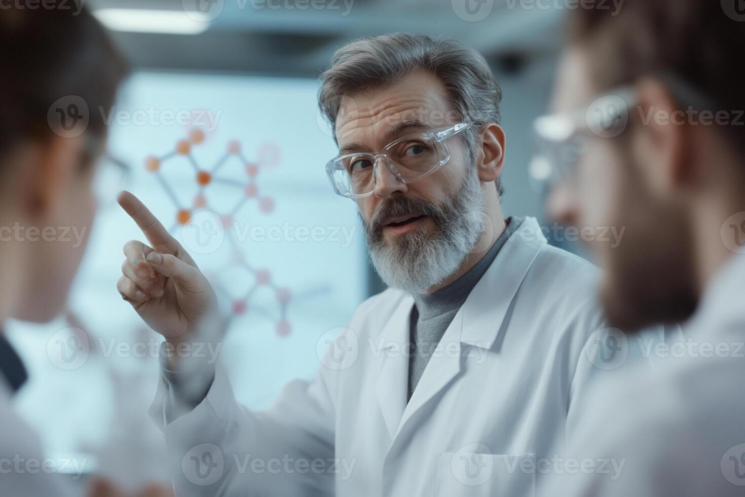 Scientist discussing research with colleagues in a laboratory setting. photo