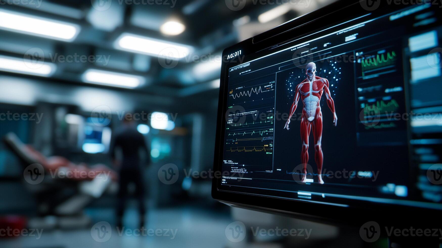 A high-tech medical display showing a 3D human anatomy model. photo