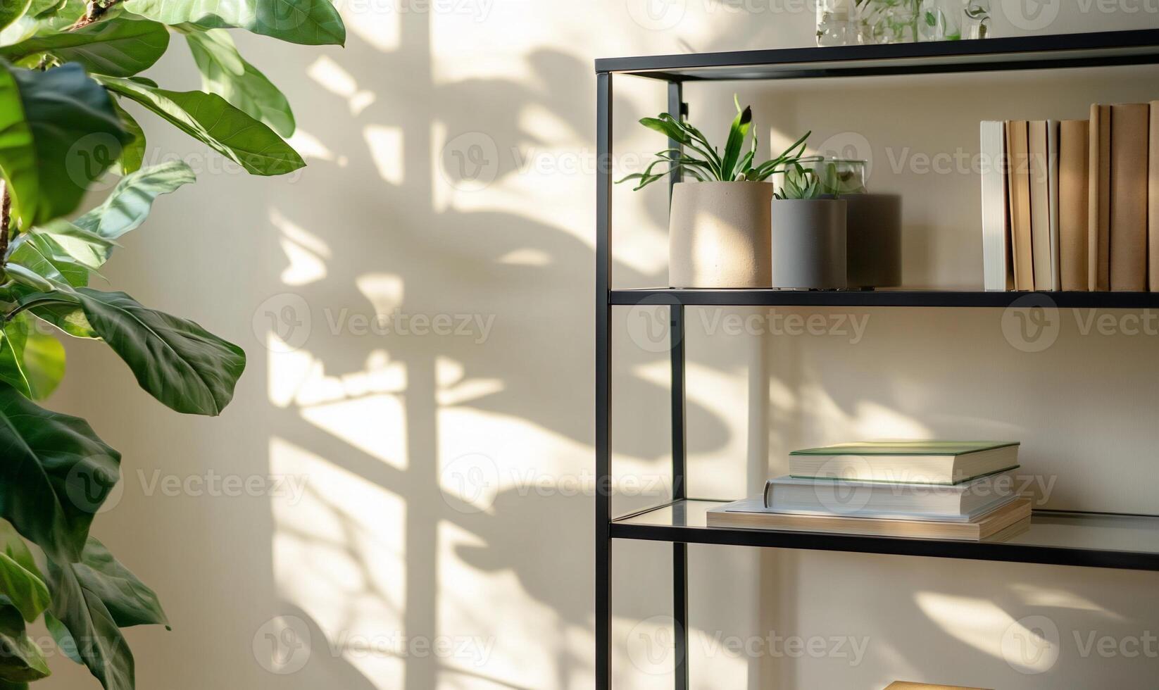A minimalist shelf with plants and books, illuminated by natural light. photo