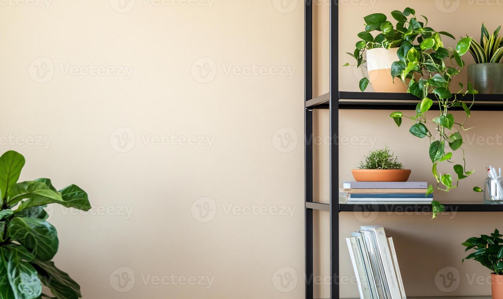 A modern shelf with plants and books against a neutral wall. photo