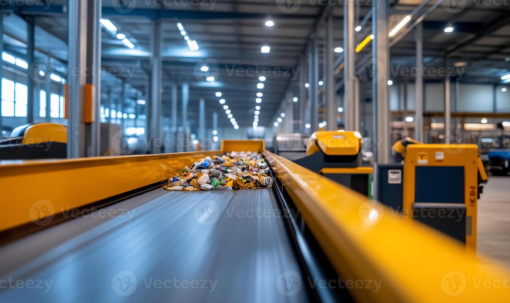 A conveyor belt transporting mixed recyclable materials in a facility. photo