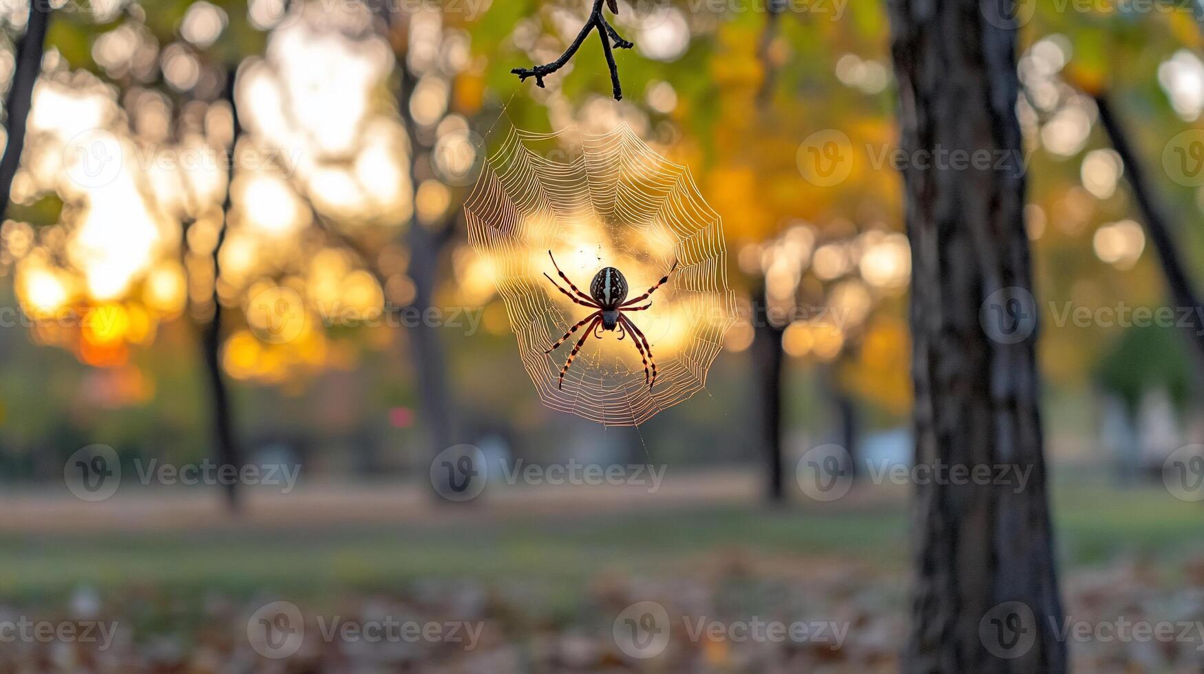 A spider in its web against a sunset backdrop in a park. photo
