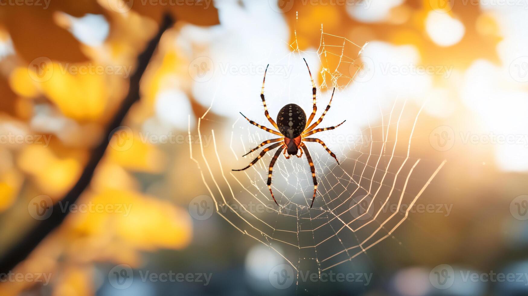 A spider weaving its intricate web amidst autumn leaves. photo