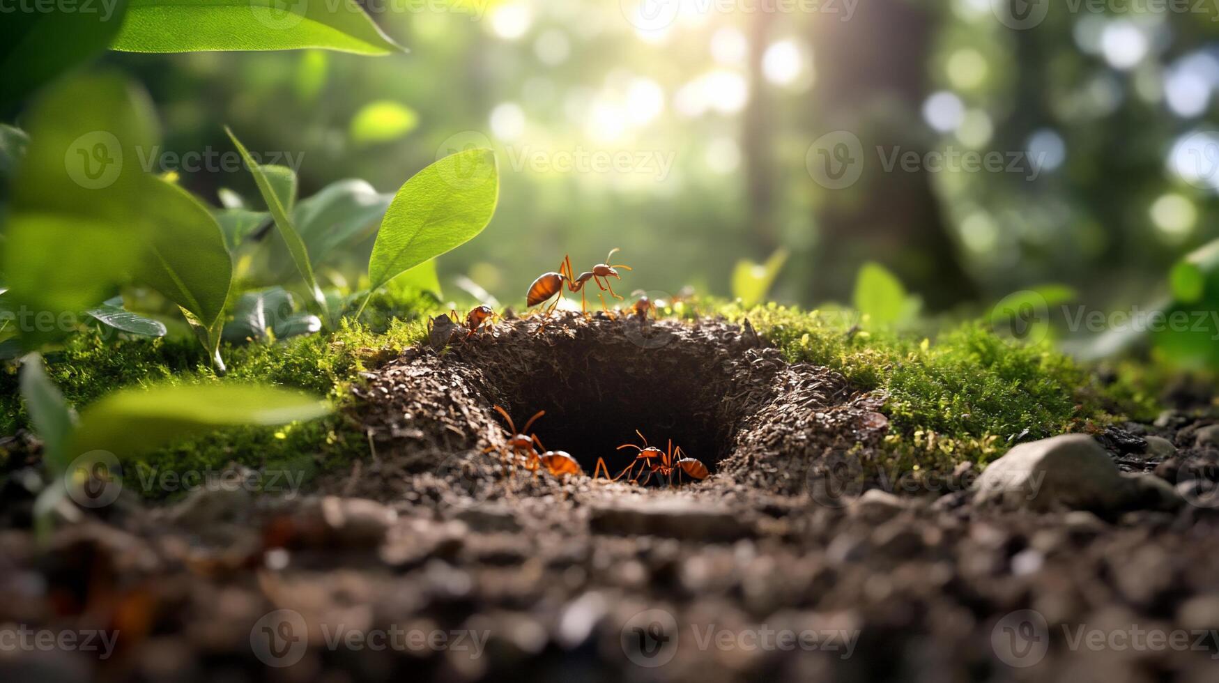 A close-up view of an ant colony entrance in a lush forest setting. photo