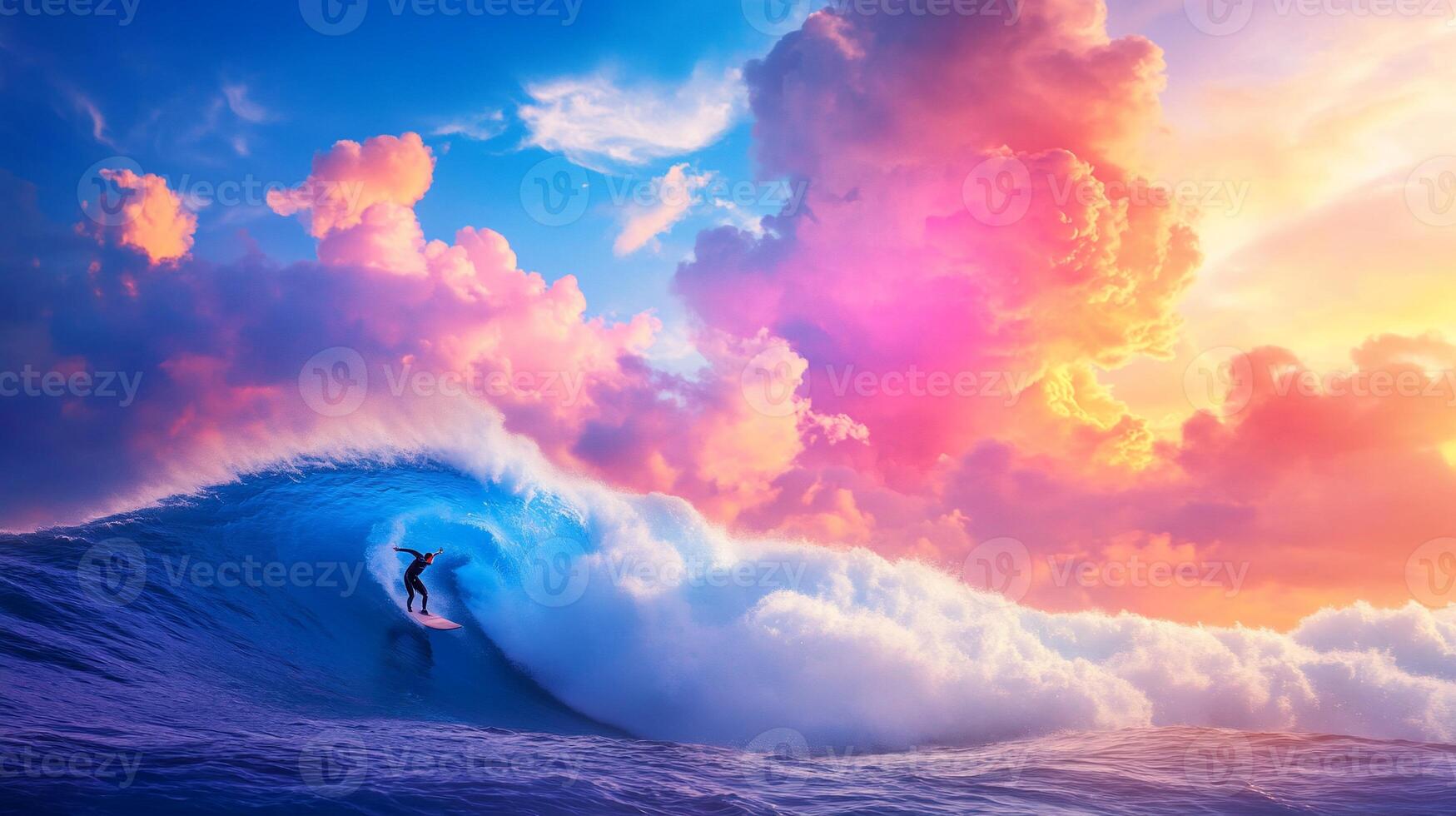 A surfer riding a large wave under a colorful sunset sky. photo