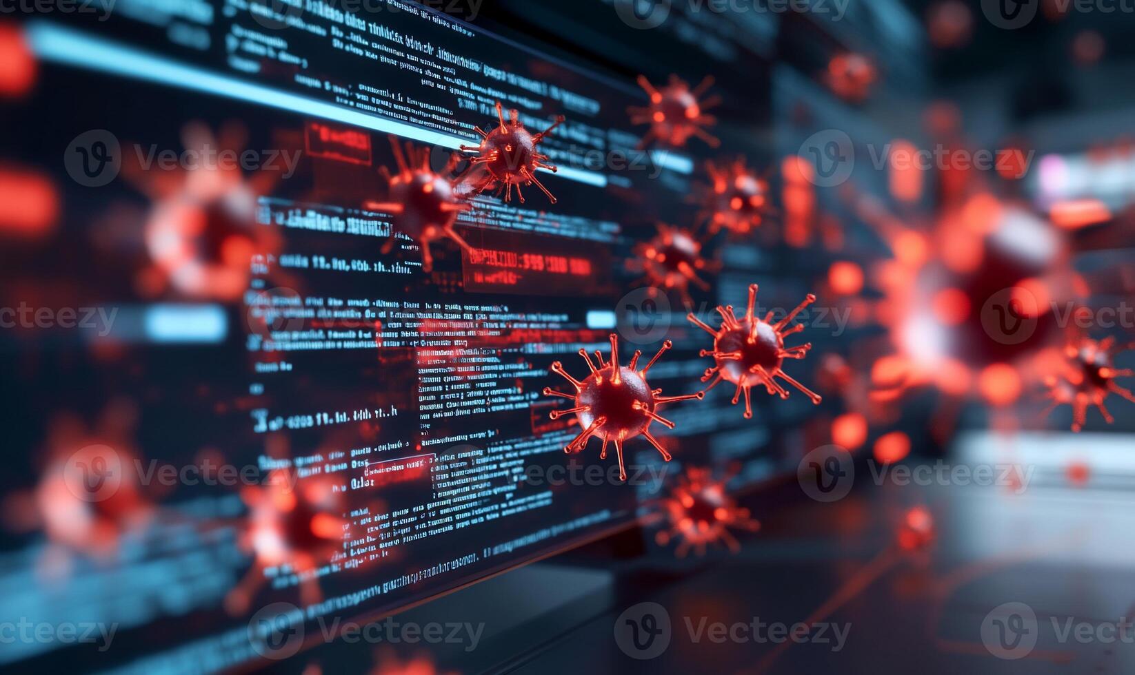 Digital representation of viruses with code background, symbolizing cyber threats. photo