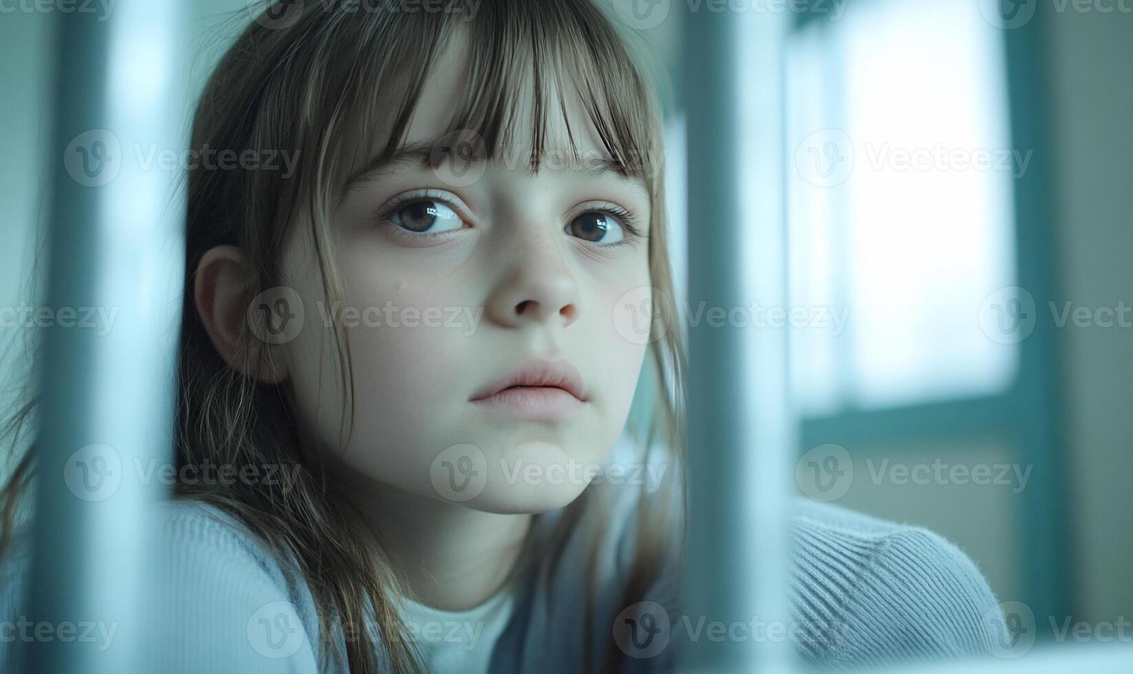 A contemplative young girl gazes through bars, evoking a sense of isolation. photo