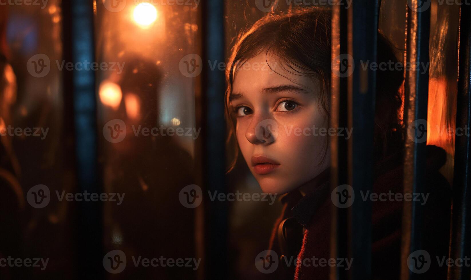 A young girl looks pensively through bars, illuminated by warm light. photo