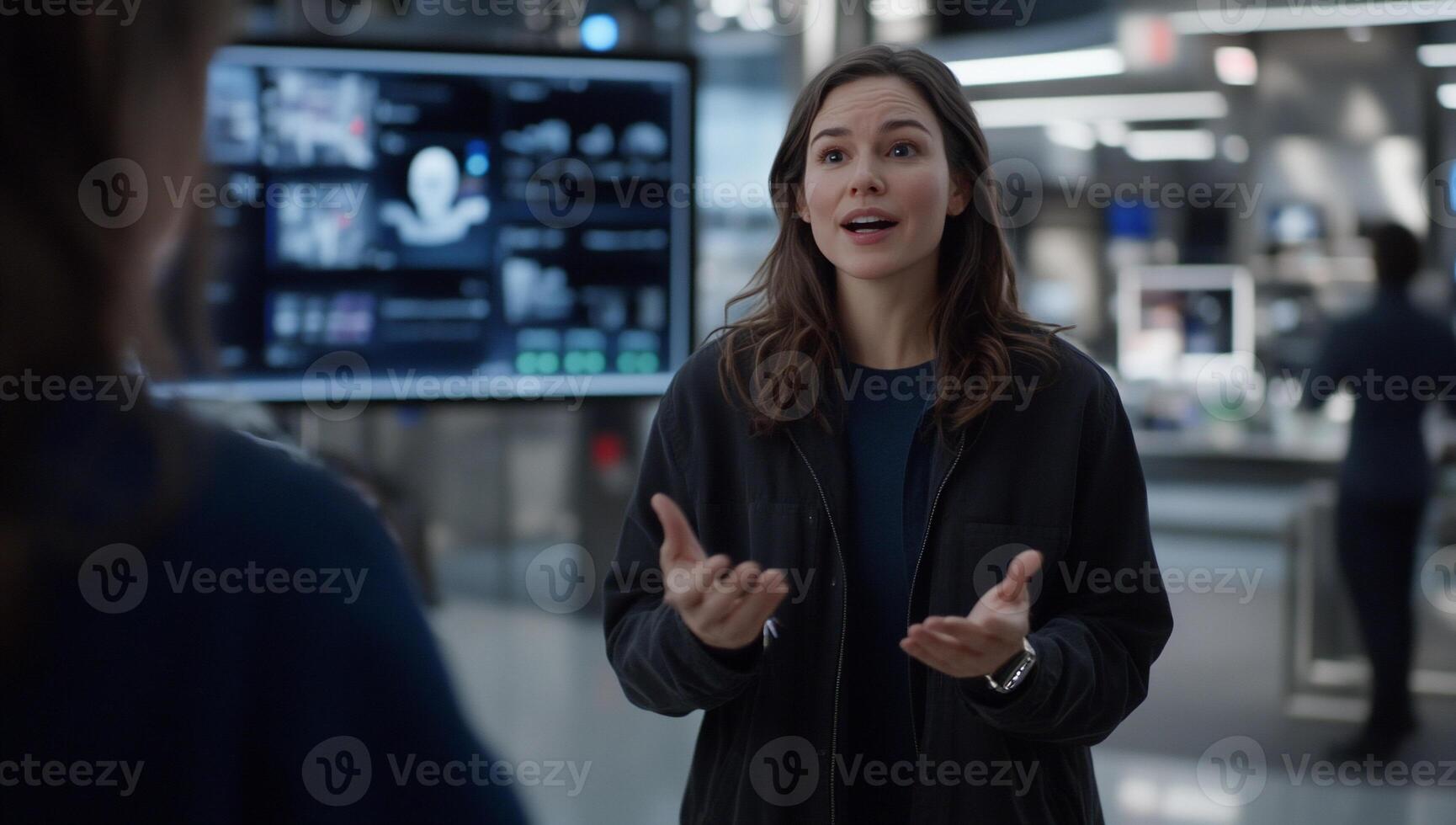 A woman engages in a discussion in a tech-focused environment. photo